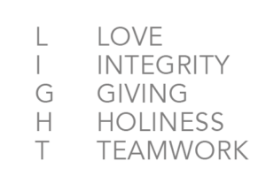 Acronym LIGHT = love, integrity, giving, holiness, teamwork