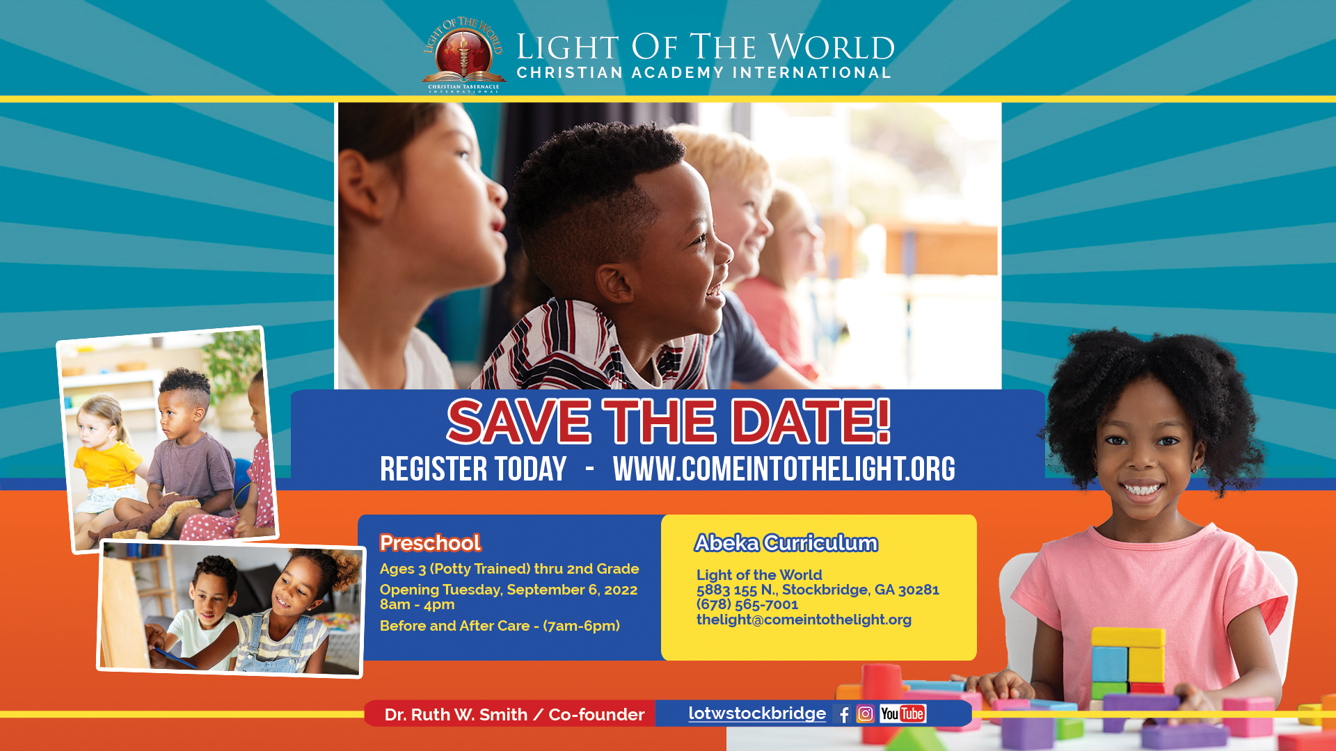 light of the world christian academy international flyer with pictures of children learning