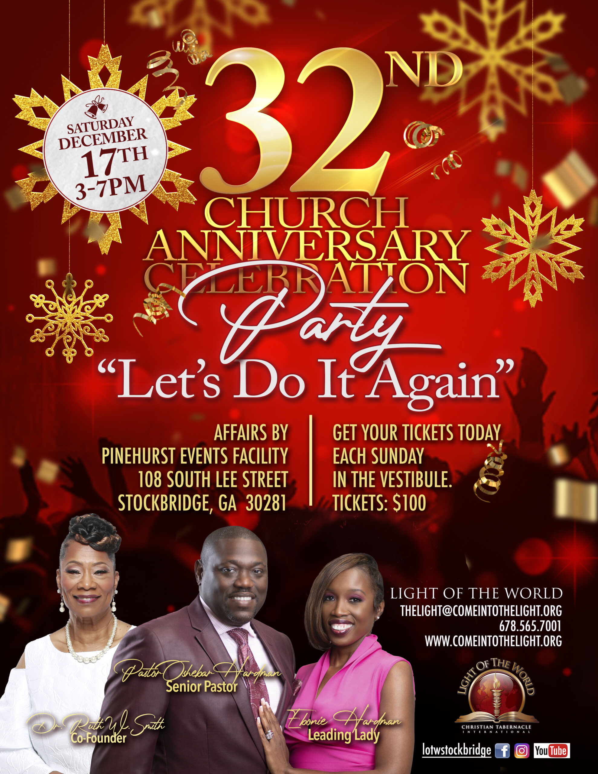 32nd Church Anniversary party flyer with red background and gold snowflakes