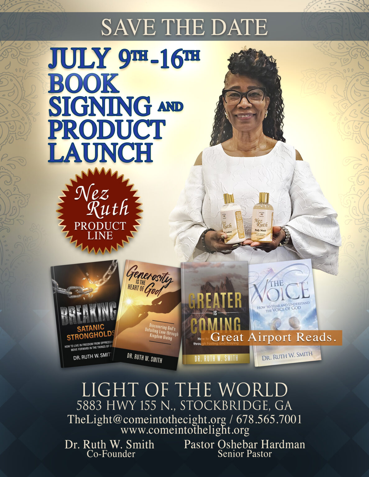 Dr. Ruth W. Smith book signing and product launch flyer