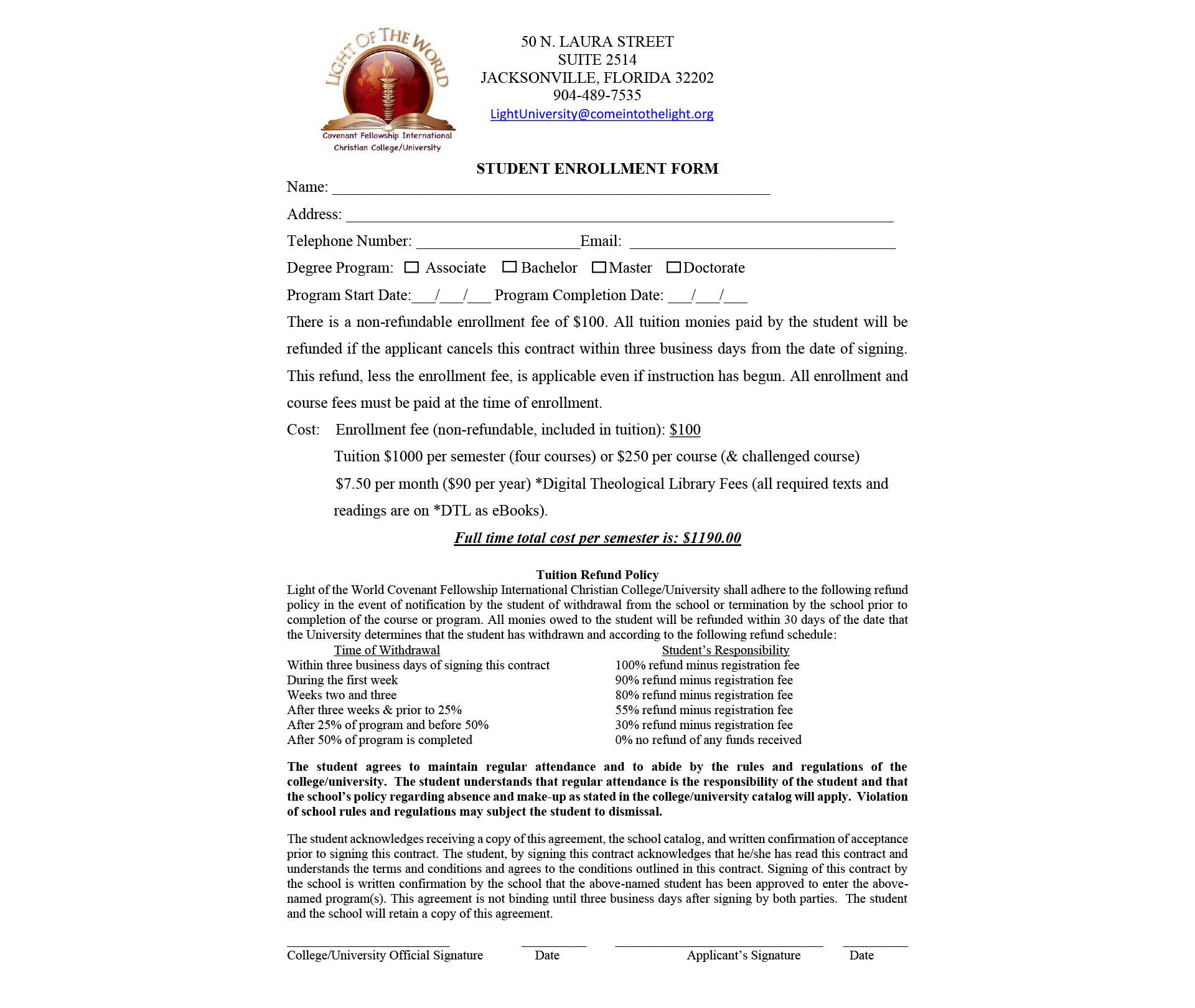 student enrollment agreement form