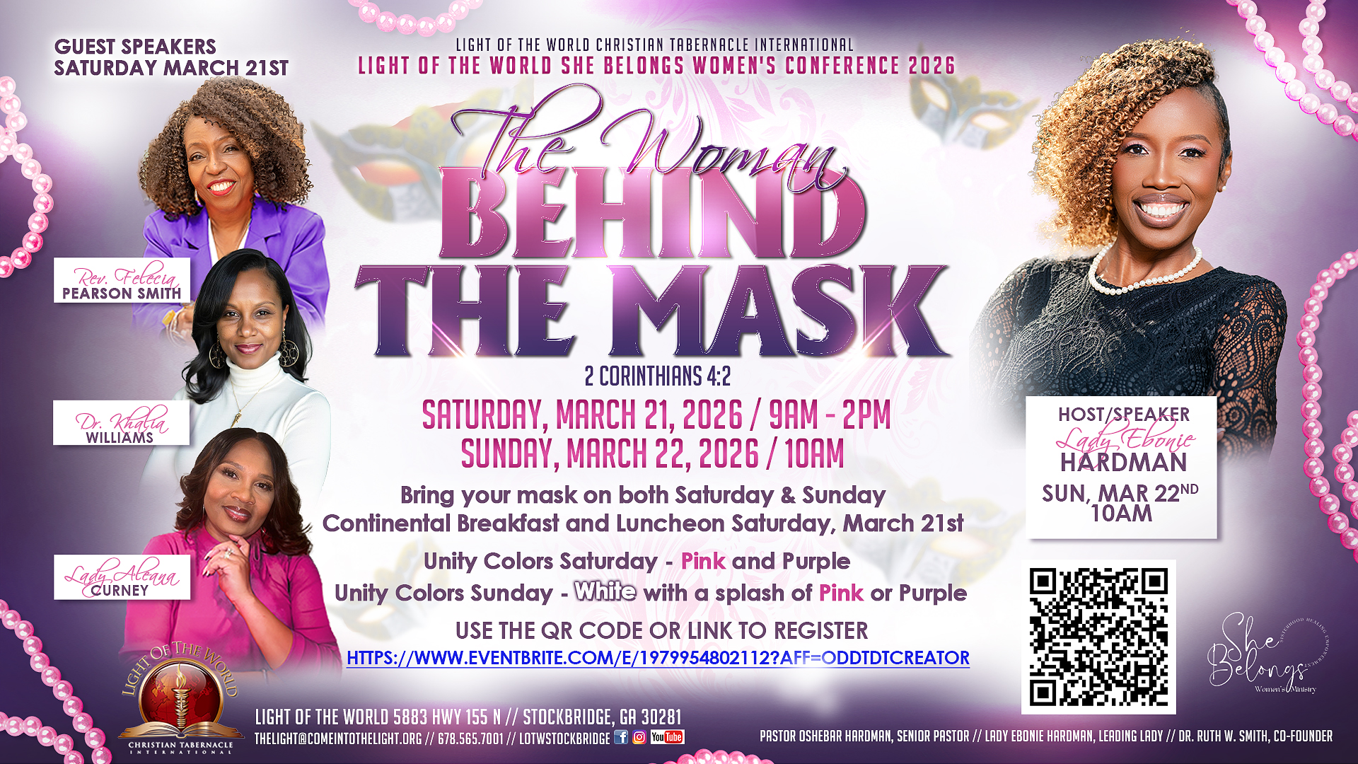 The woman behind the mask flyer with images of the host lady ebonie hardman and 3 nightly speakers on a white background with purple and slight pink 