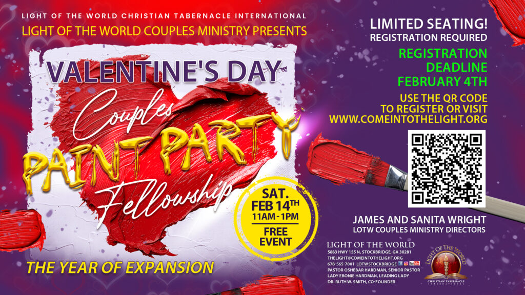 Valentine's Day Couples Paint Party Fellowship flyer with a red painted heart image on a white paper background image with an additional background colors of red and purple with images of thick red paint strokes from a paintbrush