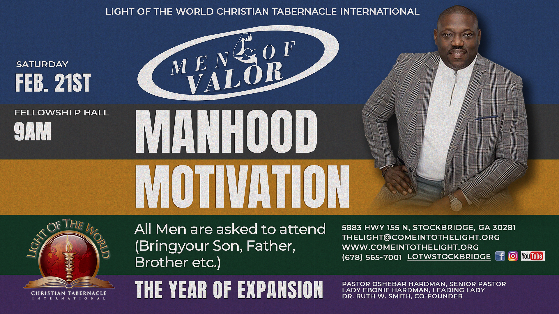 Men of Valor flyer with the white men of valor logo and an image of pastor hardman on a blue, gray, yellow, green, and purple horizontal striped background