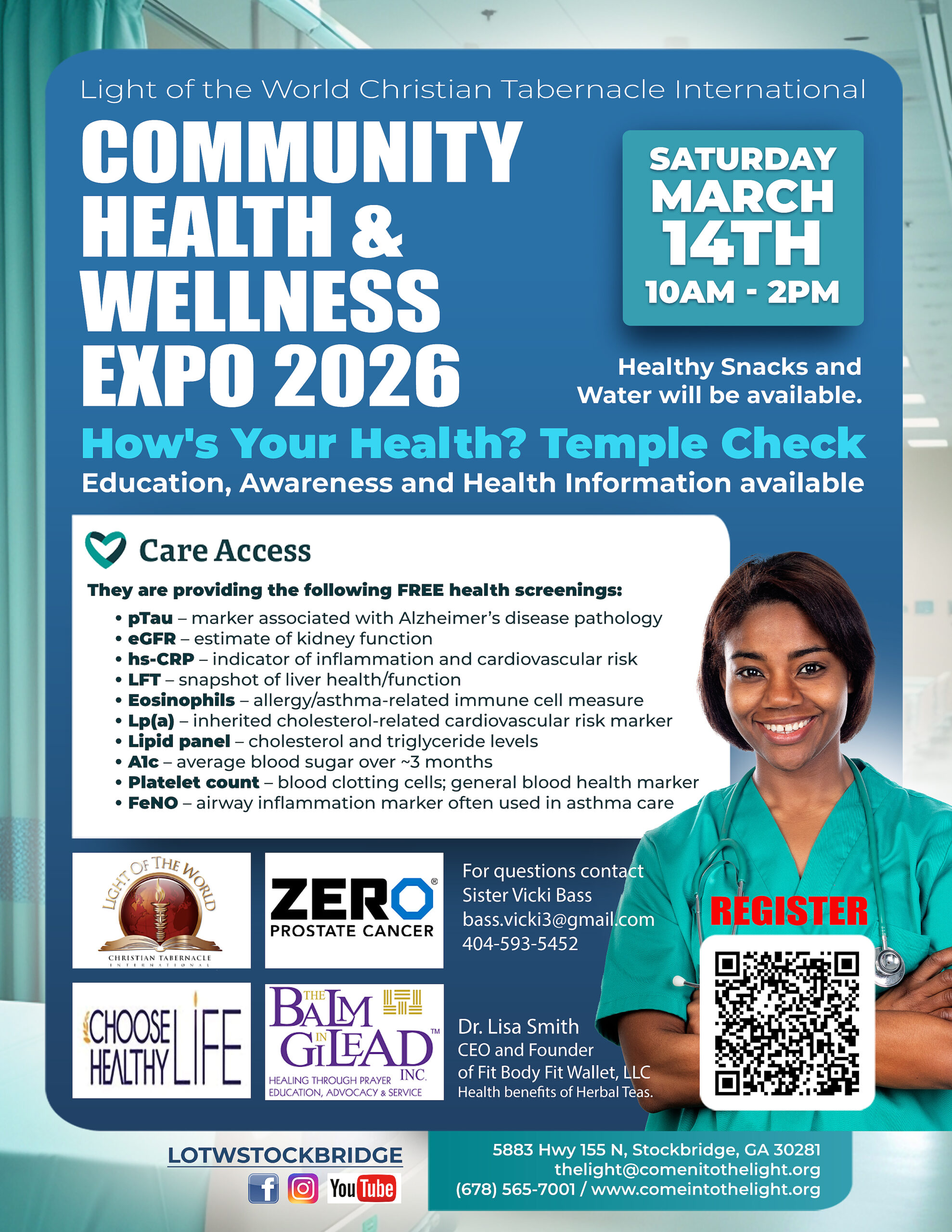 2026 Community Health & Wellness expo flyer on a blue green background with an image of a black woman doctor in the right hand corner