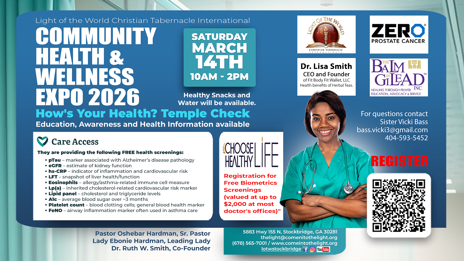 2026 Community Health & Wellness expo flyer on a blue green background with an image of a black woman doctor in the right hand corner