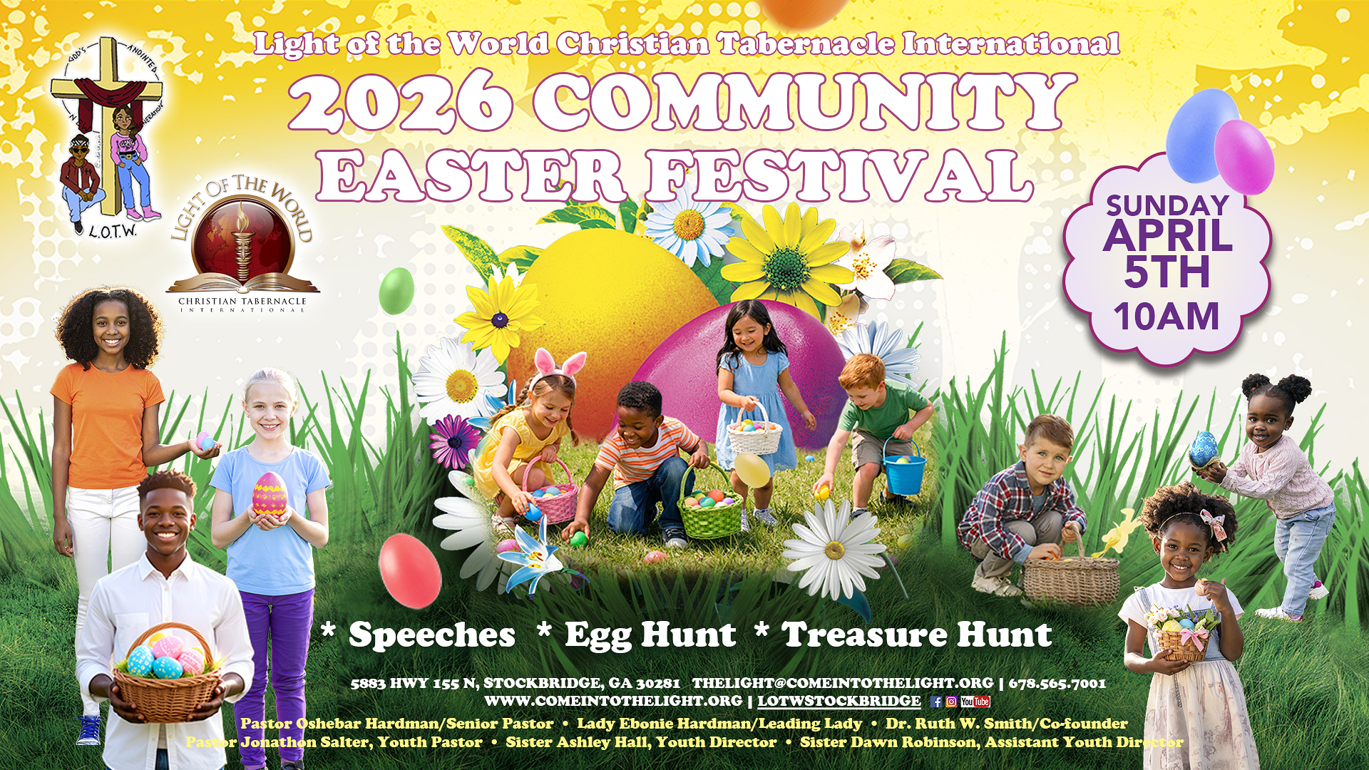 2026 Community Easter Festival flyer with images of children with Easter eggs on green grass and yellow background