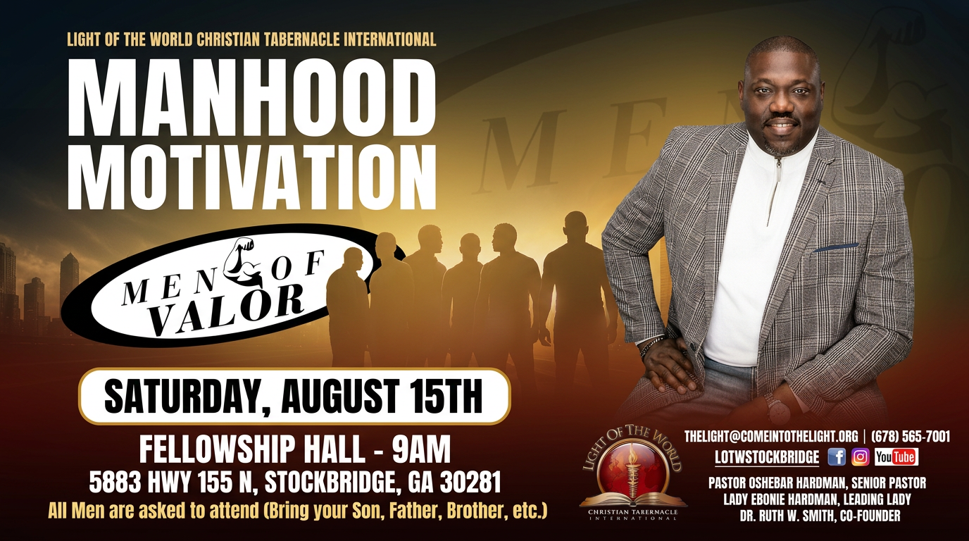 Men of Valor Manhood Motivation flyer with an image of pastor Harman smiling in a grey suit coat and white shirt; silhouette of men with a bright yellow hued light in the background; gradient color of burgundy up to black as the background color